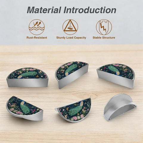 2 Pack Peacock Floral Art Cabinet Handles With Customizable Panels, 3 Inch Hole Center Semicircle Brushed Nickel Drawer Pulls display