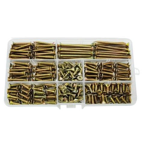 340 Piece M4 Flat Head Wood Screw Set With Countersunk Self Tapping Design For Flush Finish Cross Recessed Drive Multi Length Assortment
