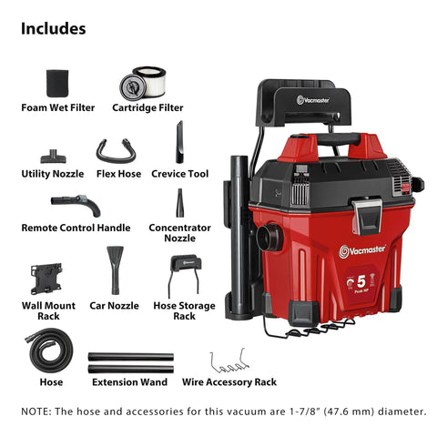 5 Gallon Wall Mount Wet Dry Vacuum With Remote Control Handle, 5 Peak HP Power and accessories including filters and nozzles