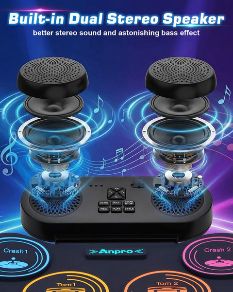 Portable Roll Up Electric Drum Kit With 9 Pads And Dual Stereo Speakers Bluetooth MIDI Practice Ready For Kids And Adults Beginners Includes Pedals Sticks And Headphone Support with built-in dual stereo speakers