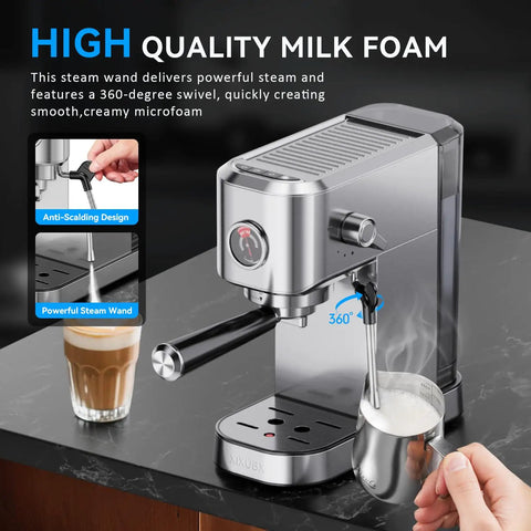 Compact 20 Bar Espresso Machine With Milk Frother Stainless Steel Coffee Maker For Cappuccino And Latte 42 Oz Water Tank Visible Pressure Gauge Ideal For Home And Office Use Silver