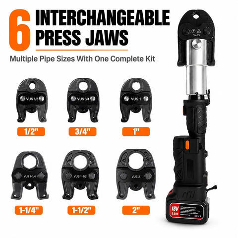 6 interchangeable press jaws for Heavy Duty 60KN Brushless Cordless Pipe Crimping Tool With 18V Battery Hydraulic Press Kit.