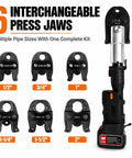 6 interchangeable press jaws for Top Shelf 18V Brushless Electric Hydraulic Pipe Crimper Press Tool, sizes from 1/2 to 2 inch.