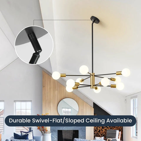Sputnik Style Chandelier With Black And Gold Finish Sleek Dope Modern 10 Light Farmhouse Pendant Ceiling Light Fixture Height Adjustable Ideal For Kitchen Island Living Room Dining Room