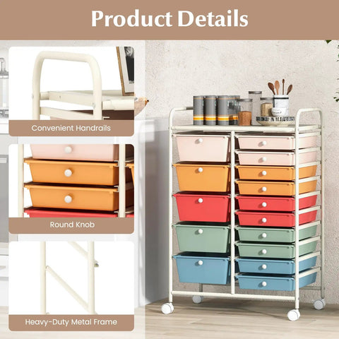 15 Drawer Rolling Storage Cart With Lockable Wheels And Removable Drawers, metal frame, colorful drawers, office organizer