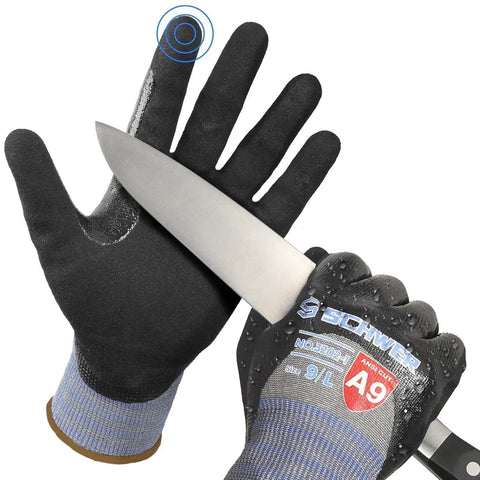 Heavy Duty Work Gloves With 3/4 Double Nitrile Coating, Ultra Abrasion-Resistant 18-Gauge Construction And Garden Grip, Water And Oil Proof, Anti Slip, Touchscreen Ready, PM3202, Black, Large, shown resisting sharp knife