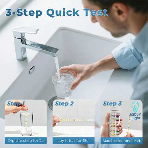 Person using Drinking Water Test Strips Kit 125 Count 16 In 1 Quick Screening For Hardness pH Iron Nitrite Copper Chlorine Lead Carbonate Alkalinity For Well Tap And City Water Testing, showing steps by sink.