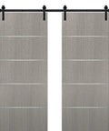 Premium Double Barn Door Sliding Hardware Set With Ridiculously Smooth Heavy Steel Track And Complete Floor Guide Kit For Chic Modern Spaces Today, gray pine double doors on track.