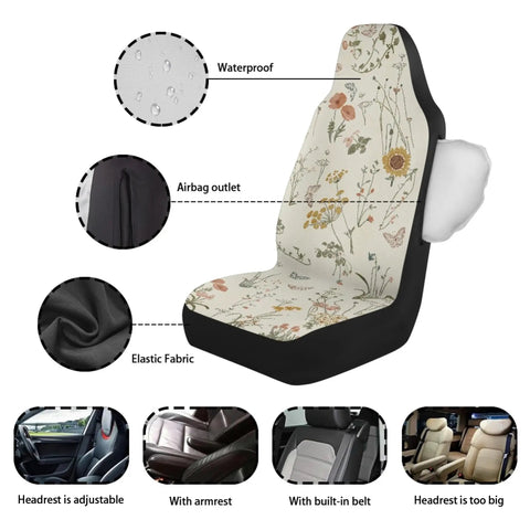 Boho Car Seat Covers 2 Pack Waterproof Front Seats With Towel Airbag Compatible Universal Fit for Vehicles, floral pattern shown
