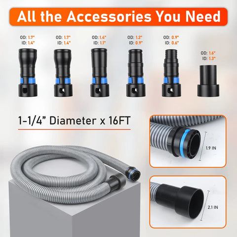 16 Ft Beefed Up Pro Grade Heavy Duty TPE Shop Vac Hose Extension Kit With 1-1/4 Inch Diameter And 6 Adapters For Dust Collection