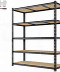 Straight Up Heavy Duty 5 Tier Metal Storage Shelf With Rock Solid Wood Boards And 650 Pound Capacity Badass Garage Rack No Sweat Boltless Design - black steel frame with five sturdy tiers and wood boards.