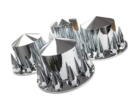 Chrome ABS Axle Cover Kit for 10 Hole Wheels 11 1/4 Inch Bolt Circle Universal Fit Includes Front and Rear Covers 60 Nut Covers 33mm Thread On Flange Nuts and Removable Spiked Center Cap for a Street Ready Look