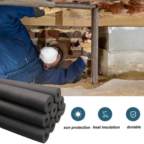 Technician uses Water Pipe Insulation Tubing Set with Inner Diameters From 3/4 Inch to 4 Inch Foam Tube Insulation under a house.