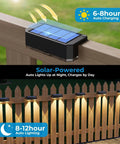 Solid Solar Fence Lights Outdoor Deck Waterproof Warm White Glow 8 Pack mounted on wooden fence lighting up at night.