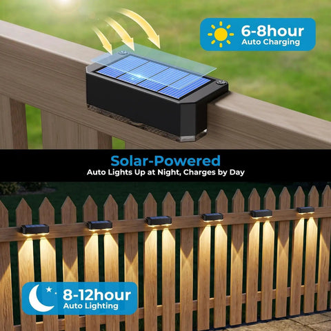 Solid Solar Fence Lights Outdoor Deck Waterproof Warm White Glow 8 Pack mounted on wooden fence lighting up at night.