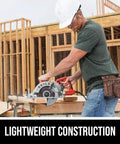 Lightweight Worm Drive Circular Saw With 15 Amp Engine And 7 1/4 Inch Blade used for cutting lumber on a construction site.