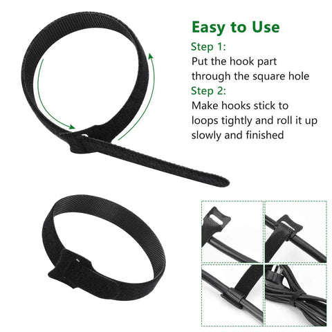 Reusable Hook And Loop Cable Ties Pack 60 Count Adjustable Cable Straps for computer TV and electronics in use, black