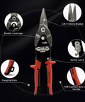 Front view of Aviation Tin Snips 10 Inch Heavy Duty Straight Cut Metal Cutter with CRMO Steel Blades and Safety Lock displayed.