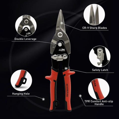 Front view of Aviation Tin Snips 10 Inch Heavy Duty Straight Cut Metal Cutter with CRMO Steel Blades and Safety Lock displayed.