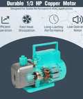 Durable 1/3 HP copper motor design for HVAC applications on a heavy duty vacuum pump for reliable performance.