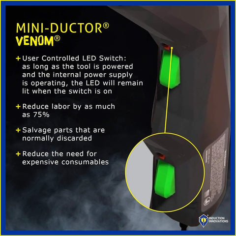 Front view: Mini-Ductor Venom HP handheld induction heater with green power switch; Induction Innovations logo visible.