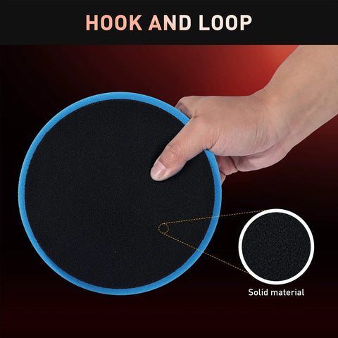 Hand holding pad from Six-Piece Polishing Pad Kit For Car Detailing With Sponge And Wool Pads, 5.6 Inch (125mm), hook and loop base.