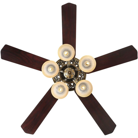 52 Inch Indoor Ceiling Fan With LED Light And Remote Control In New Bronze Finish with 5 rosy red wooden blades, top view