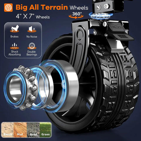 Close-up view of the heavy duty all terrain big wheels for double deck folding wagon, showcasing 4x7 inch wheels with shock absorbing and double bearings, suitable for beach, mud, road, and grass surfaces. Black color.