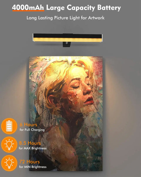 Rechargeable Picture Light With Remote 4000mAh Battery 300 Lumen LED Art Light Bar illuminating wall painting at different brightness levels
