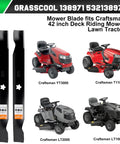 42 Inch Mower Blades For Craftsman LT1000 LT2000 T110 Zero Turn Riding Mower Replacement 138971 532138971 With 5 Point Star Center Hole Mounting Pattern Fits 42 Inch Decks, shown with various Craftsman mowers.