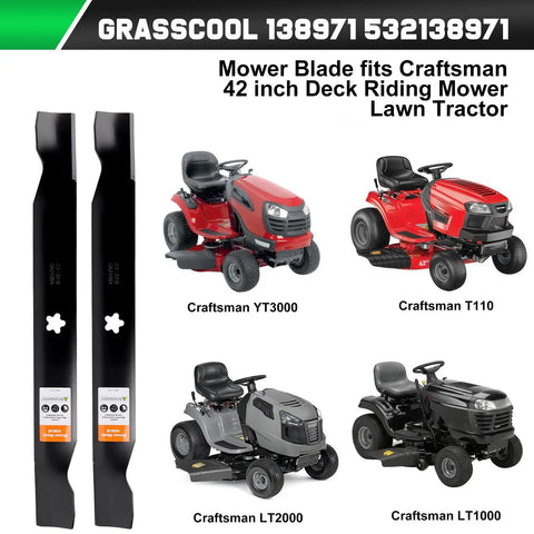 42 Inch Mower Blades For Craftsman LT1000 LT2000 T110 Zero Turn Riding Mower Replacement 138971 532138971 With 5 Point Star Center Hole Mounting Pattern Fits 42 Inch Decks, shown with various Craftsman mowers.