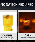 Sun Powered Solar Strobe Warning Light 360 Degree Waterproof LED Safety Light in yellow, shows daytime charging and night flashing