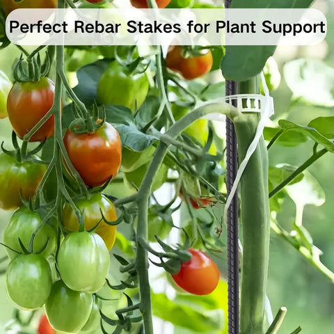 Beefed Up Heavy Duty 16 Inch Rebar Ground Stakes 20 Pack Three Eighths Inch Diameter used for plant support with tomatoes