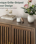 Close-up of Must Have Farmhouse Style Sideboard Cabinet 31.5 Inch Wide with slatted doors in walnut finish wood top with decor