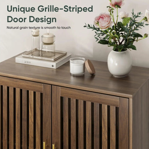 Close-up of Must Have Farmhouse Style Sideboard Cabinet 31.5 Inch Wide with slatted doors in walnut finish wood top with decor