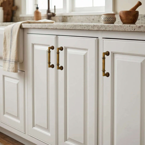 10 Pack Antique Brass Cabinet Pulls, 3 Inch Zinc Alloy Drawer Handles on white kitchen cupboards