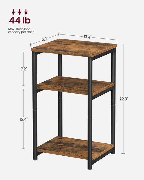 End Table Side Table For Living Room, Modern Tall Nightstand With Steel Frame, Rustic Brown And Ink Black Finish, Small Bedroom Office Bathroom Console Table, Dope Durable Accent Furniture For Home showing measurements and 3-tier design