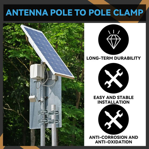 Two Pack Heavy Duty Mast To Mast Antenna Clamp Kit With V Jaw Blocks For 1 To 2.5 Inch Poles, Pole To Pole Mounting Hardware For Ham Radios, TV Antennas, Network Antennas, Flag Poles installed on solar panel pole