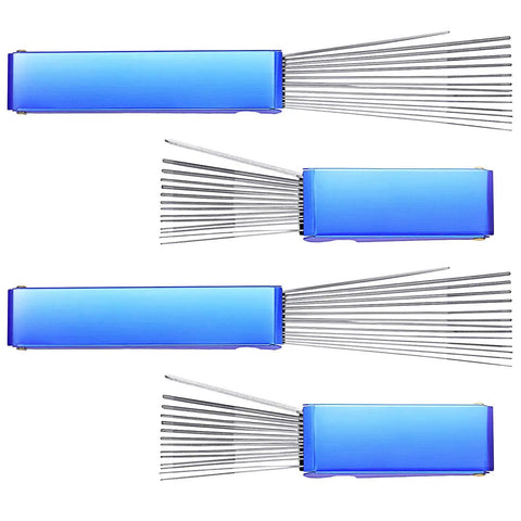 Pro Grade Torch Tip Cleaner Kit With 13 Wire Files And Flat File Includes 4 Cleaners In 5 Inch And 3 Inch Sizes For Welding Carburetor Jets Gas Cutting Torches And Small Hole Maintenance, shown with blue handles and metal wires extended.