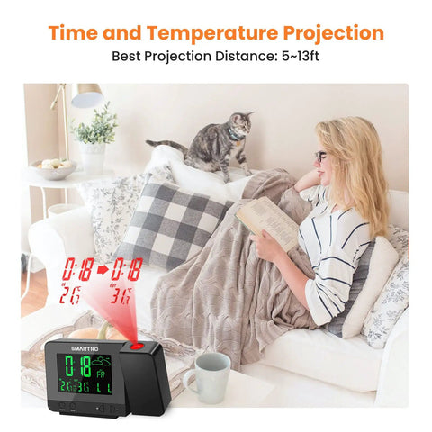 Digital Projection Alarm Clock With Weather Station And Indoor Outdoor Thermometer For Bedrooms USB Charger AC Or Battery Powered Bedroom Friendly All In One Time And Temperature Projection displaying time and temperature on a wall in a living room setting.