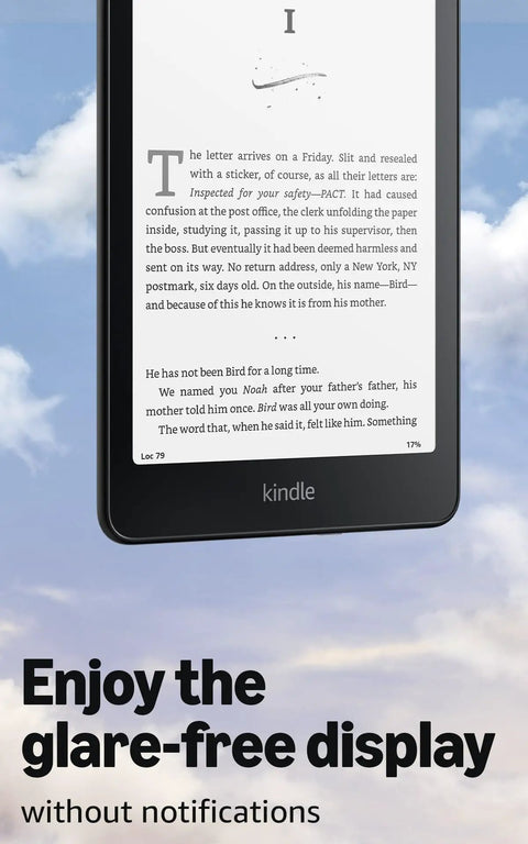 Kindle Paperwhite Signature Edition 7 Inch E Reader With 32GB Storage Featuring Auto Adjusting Front Light Wireless Charging And Sweet Long Battery Life In Sleek Metallic Black showing glare-free display with text page.