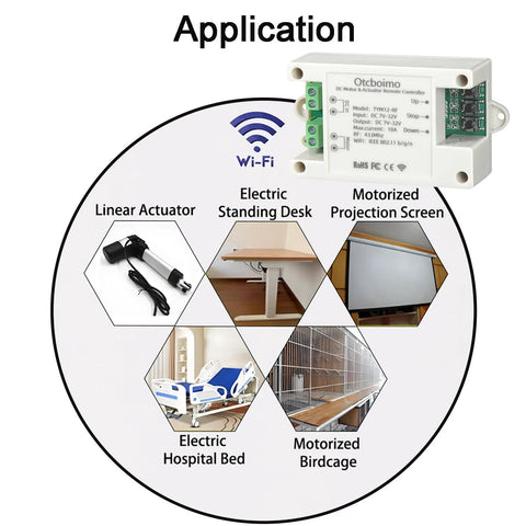 White WiFi DC motor controller module with green screw terminals; forward/reverse relay for actuators.