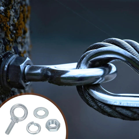 5 Pack M8 Galvanized Carbon Steel Eye Bolts Kit With Nuts Washers And Spring Washers For Tie Downs Indoors Outdoors Heavy Duty Beefy Lifting Rings Silver Ideal For Trailers Boats Rigs And Everyday Hardware Jobs, close-up on cable connection