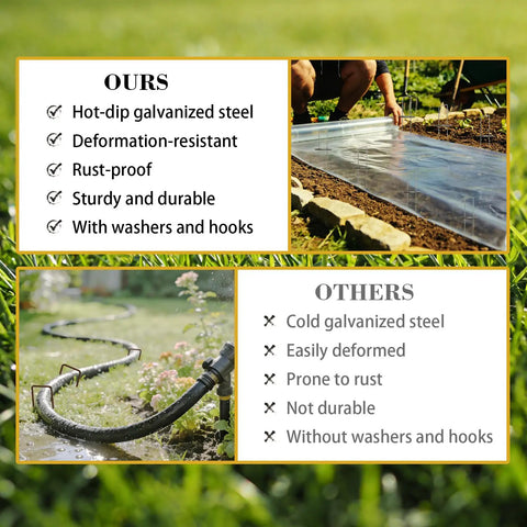 Comparison of All In One Garden Stake Staples Kit with 100 6 Inch U Shaped Staples and a hose in garden setting