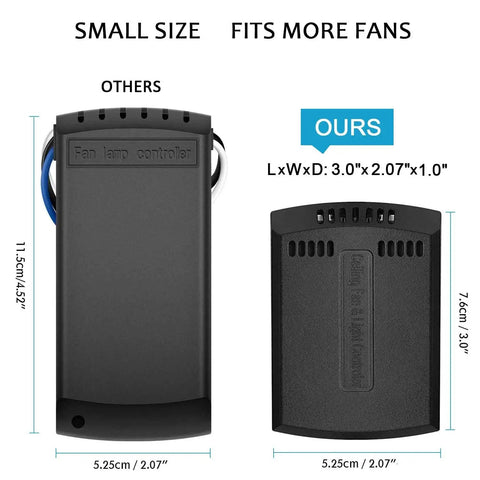 Size comparison of two wireless receivers in a 2 Pack Ultra Small Universal Ceiling Fan Remote Kit With 3 In 1 Speed Light Timing.
