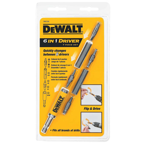 6-In-1 Flip And Switch Driver Bit Set, 7-Piece With Quick Bit Change in packaging showing driver bits and bright yellow design.