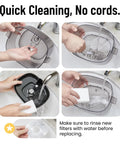 Collage showing cleaning steps for Cat Water Fountain With Detachable Tank And Secure Clips Easy Clean And Easy Assembly 85Oz Capacity Pet Drinking Dispenser With Quiet Operation And LED Light Ideal Gift For Cats Dogs And Small Pets Black.