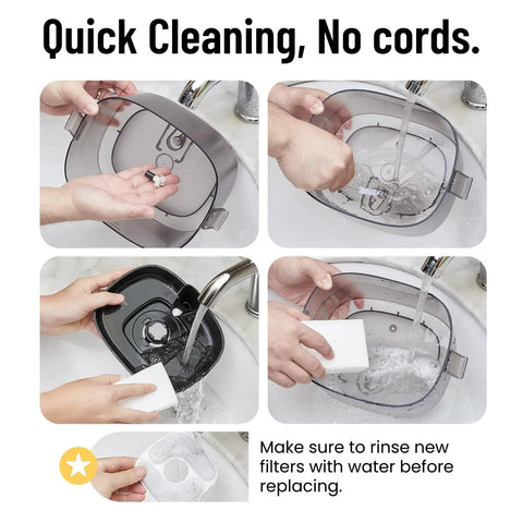 Collage showing cleaning steps for Cat Water Fountain With Detachable Tank And Secure Clips Easy Clean And Easy Assembly 85Oz Capacity Pet Drinking Dispenser With Quiet Operation And LED Light Ideal Gift For Cats Dogs And Small Pets Black.
