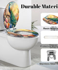 Elongated Peacock Perched Branch Blooming Flowers Vibrant Toilet Seat with resin material and protective bumpers.