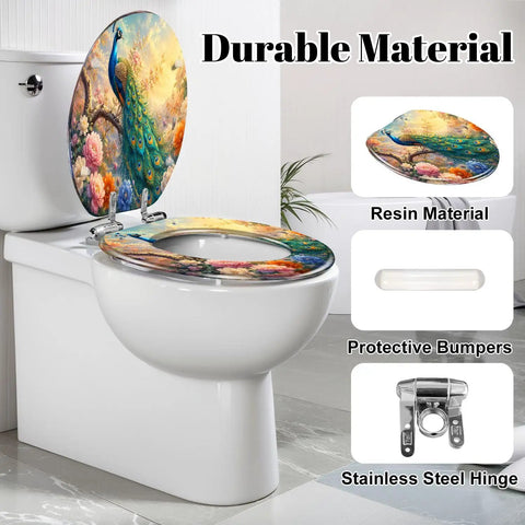 Elongated Peacock Perched Branch Blooming Flowers Vibrant Toilet Seat with resin material and protective bumpers.